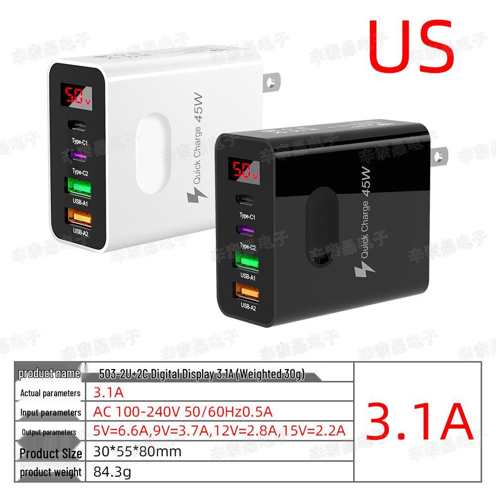 

USB Multi-Port Charging Head with Digital Display, EU/UK Standard, 2PD+2U Ports, 3.1A Mobile Charger Black - Basic Model with Matte Bag