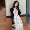 Autumn French Style Vintage Floral Jacquard Suspender Dress Women + Knitted Long Sleeve Sweater Two Piece Set Lady Suits