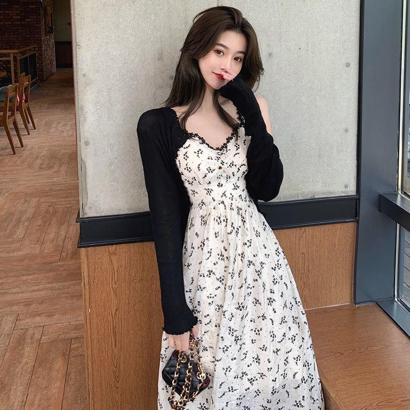 Autumn French Style Vintage Floral Jacquard Suspender Dress Women + Knitted Long Sleeve Sweater Two Piece Set Lady Suits