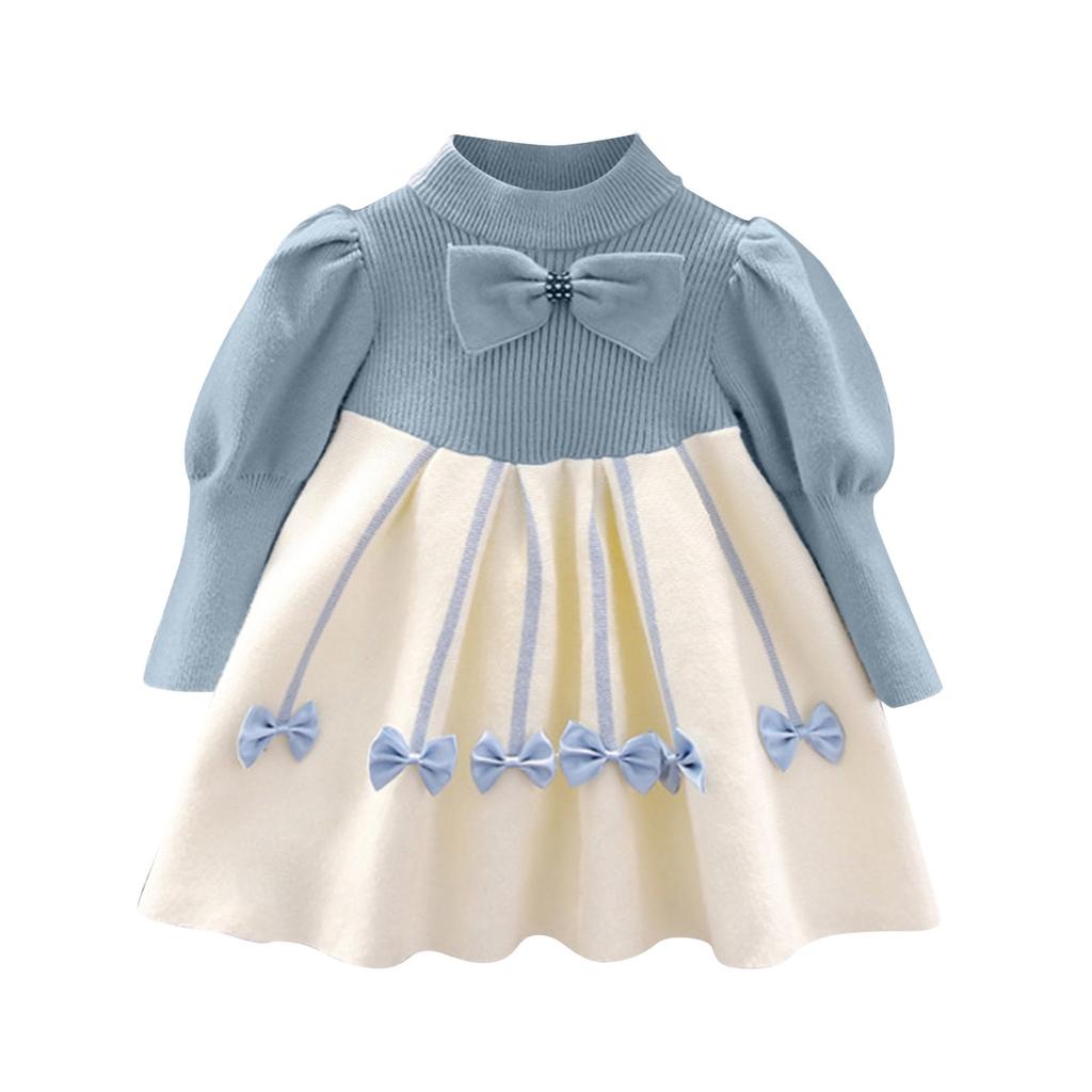 1 To 6T Kids Girls Floral Print Bowknot Dress Ribbed Round Necks Fall Dress  Girls
