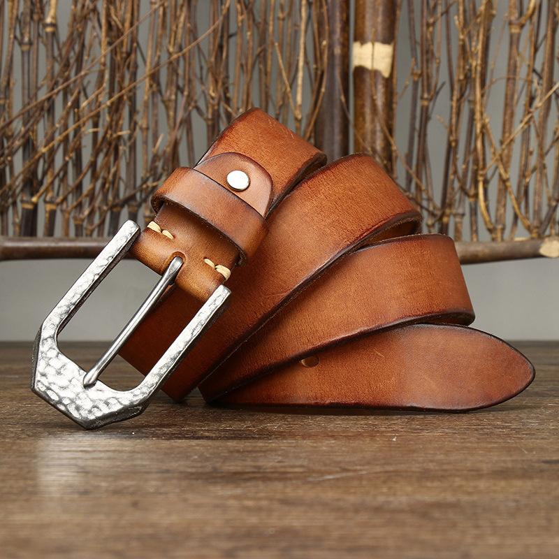 Retro Personalized Hammer Pattern Stainless Steel Button Head Belt Men'S Genuine Leather First Layer Cowhide Trend Versatile Denim Belt Men