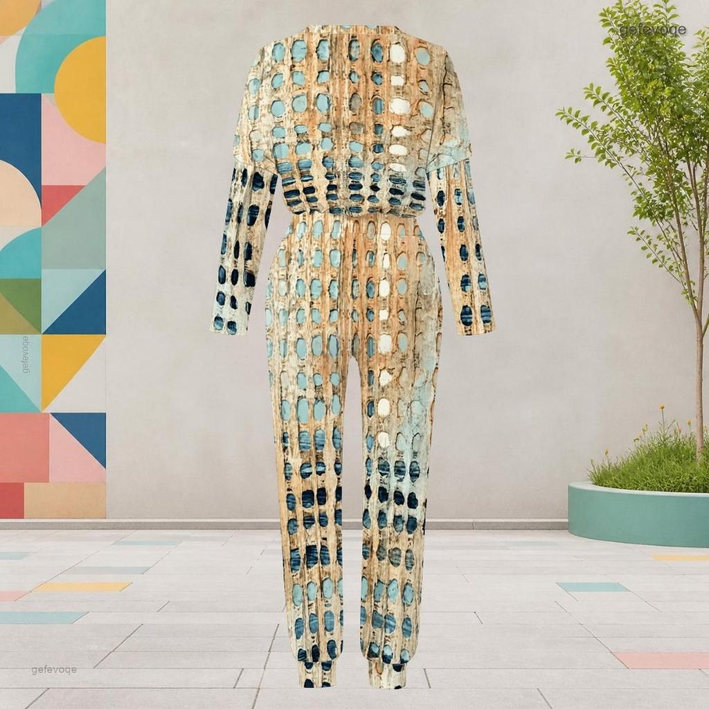 Women Plus Size Geometric Printed Two Piece Set Round Neck Long Sleeve Cuffed Top And Pants With Pockets