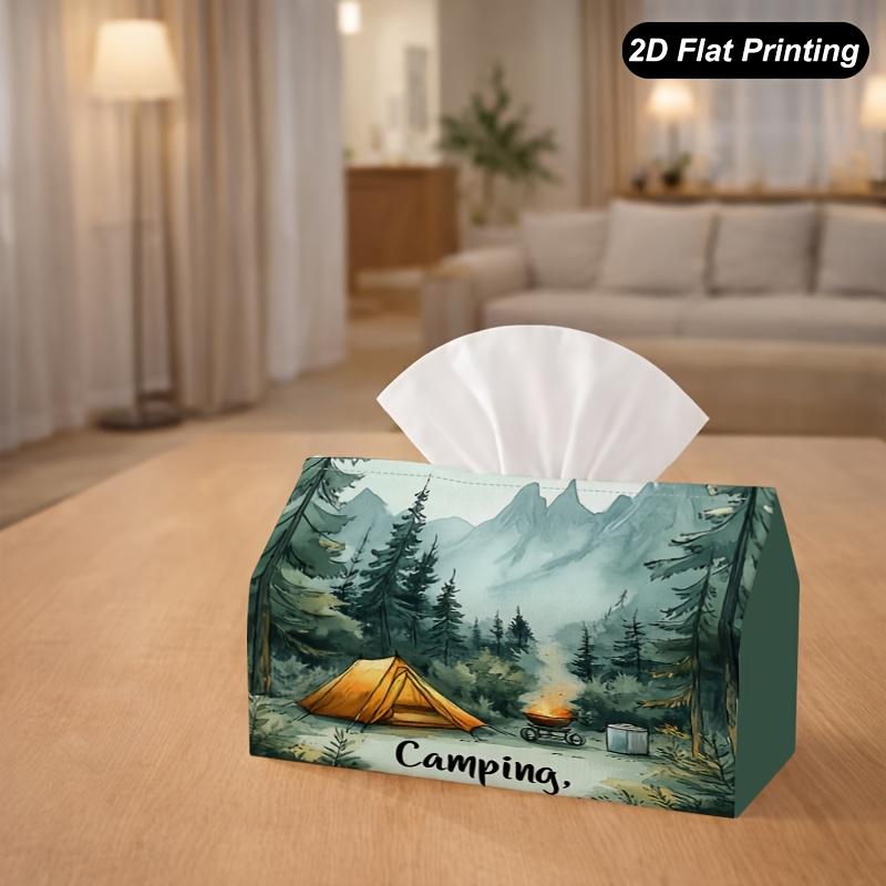 2D Flat 1pc Camping Tent Forest Mountain Scene Decorative Tissue Box, Suitable for Home, Cars, Kitchens, Bathrooms, Tissue Box for Daily Use, Tabletop