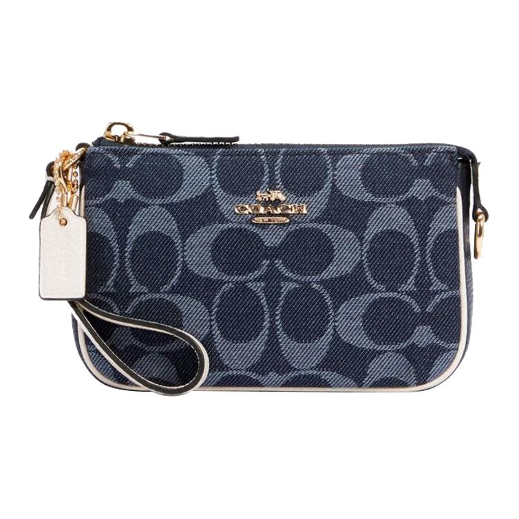 New COACH Nolita Jacquard Fabric With Leather Pochette, Shoulder Bag, Clutch, Wrist Bag, Handbag Mini Women's Denim Blue C3334-IMDEI
