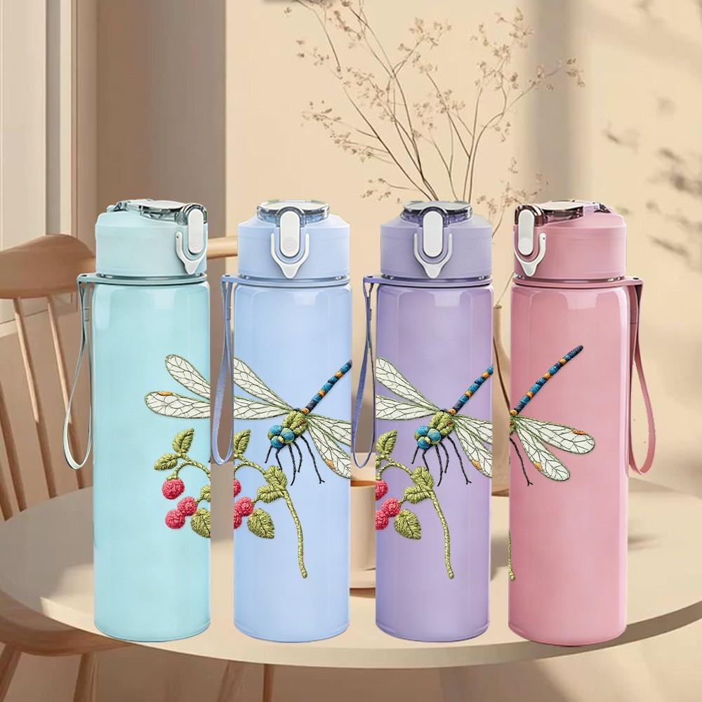 1PC Dragonfly Flower Line Art Print 750ml Color Plastic Sports Water Bottle Leakproof Flip Straw Lid Suitable for Sports Office Home Use