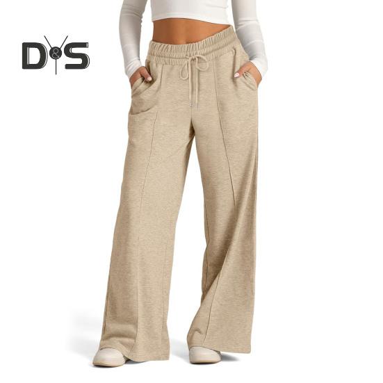 Damen Freizeithose, elastische hohe Taille, verstellbarer Kordelzug, gerade Hose mit weitem Bein und Taschen, einfarbig, lange Hose