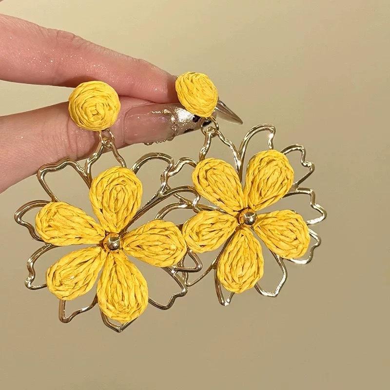 Super fairy yellow mesh earrings women's vacation style chiffon sweet stud earrings atmosphere seaside high-end color earrings