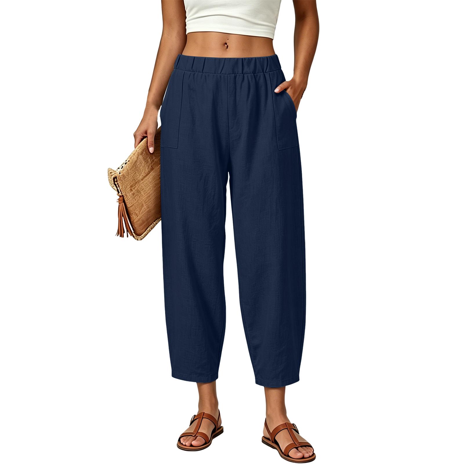 

Women Loose Fit Casual Pants Relaxed Fit Elastic Waist Long Harem Lounge Trousers with Pockets for Daily Wear XXL тёмно-синий