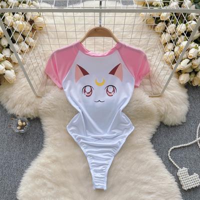 Porno iç çamaşırı tatlı kılıf Bodysuits kadın O boyun kısa kollu tulum açık kasık kadın Kawaii seksi erotik sevimli ince mayolar 2024