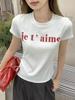 Korean Letter Print Wear with Shoulder Short-sleeved Cotton T-shirt Women's Summer New Versatile Crew Neck Slim-fit Top