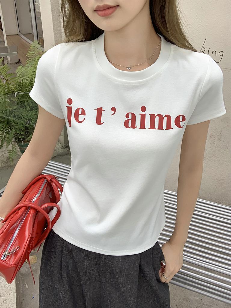 Korean Letter Print Wear with Shoulder Short-sleeved Cotton T-shirt Women's Summer New Versatile Crew Neck Slim-fit Top