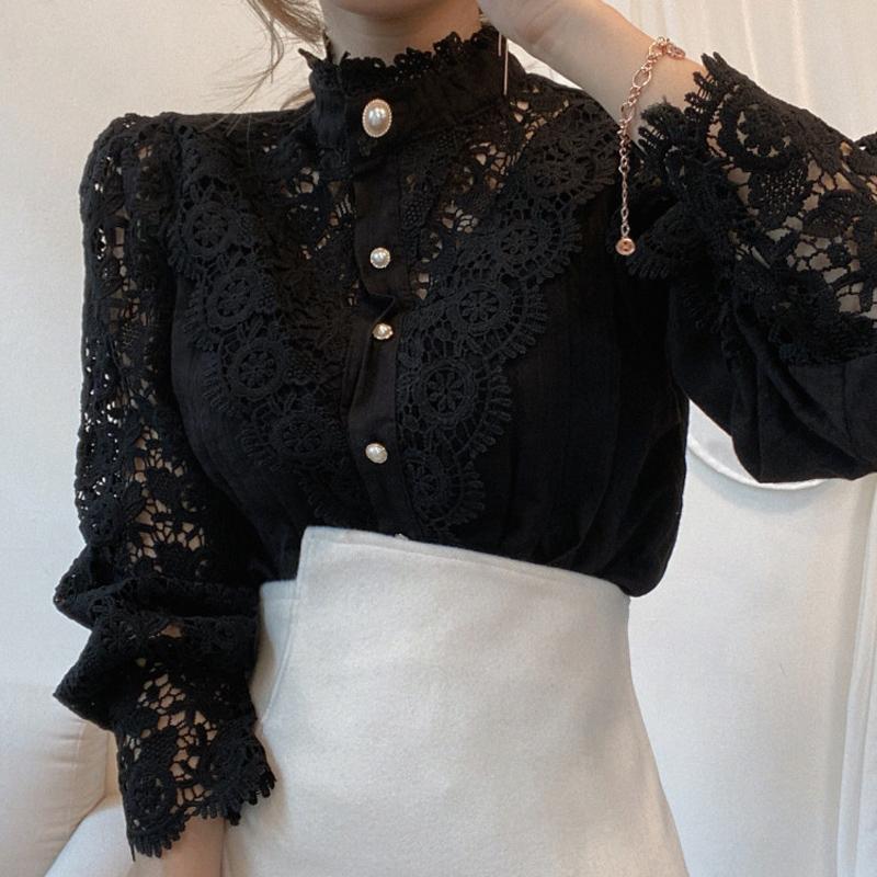 

Кружевная блузка с длинным рукавом, женская рубашка, топы, модная женская рубашка с воротником-стойкой J156 2XL чёрный