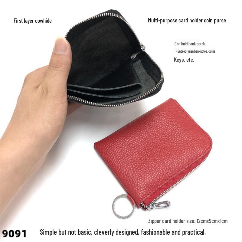 Genuine Leather Zipper Coin Purse & Card Holder with Key Ring