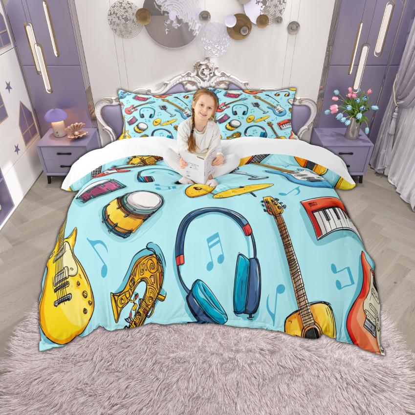 

Homewish Music Theme Duvet Cover Set 2pcs/3pcs, Musical Guitar Bedding, Cartoon Instruments Print Bed Set DE XS 100x135cm 2pcs&set