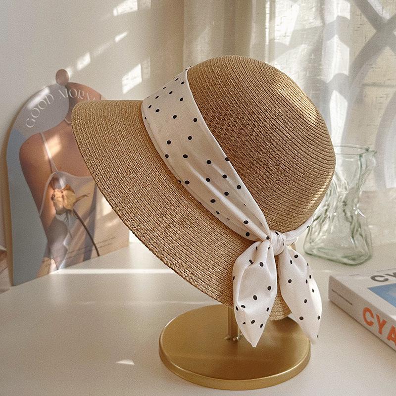 Women's Japanese Style Polka Dot Straw Hat with Ribbon Bow