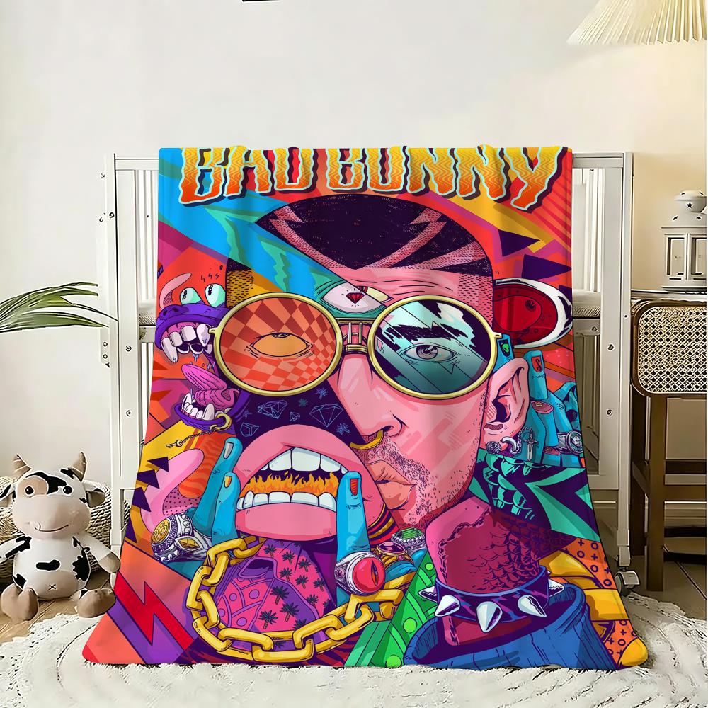 Rapper B-Bad B-Bunny Throw Soft Flannel Throw Blanket, Lightweight Breathable Summer Nap Blanket For Sofa Home Travel Cozy Decor