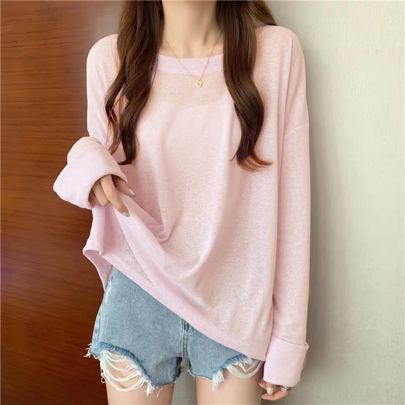 Summer Solid Long Sleeve T-shirts Women's Casual Loose Thin Slightly Transparent Sun Protection Cover Tops Tees Female
