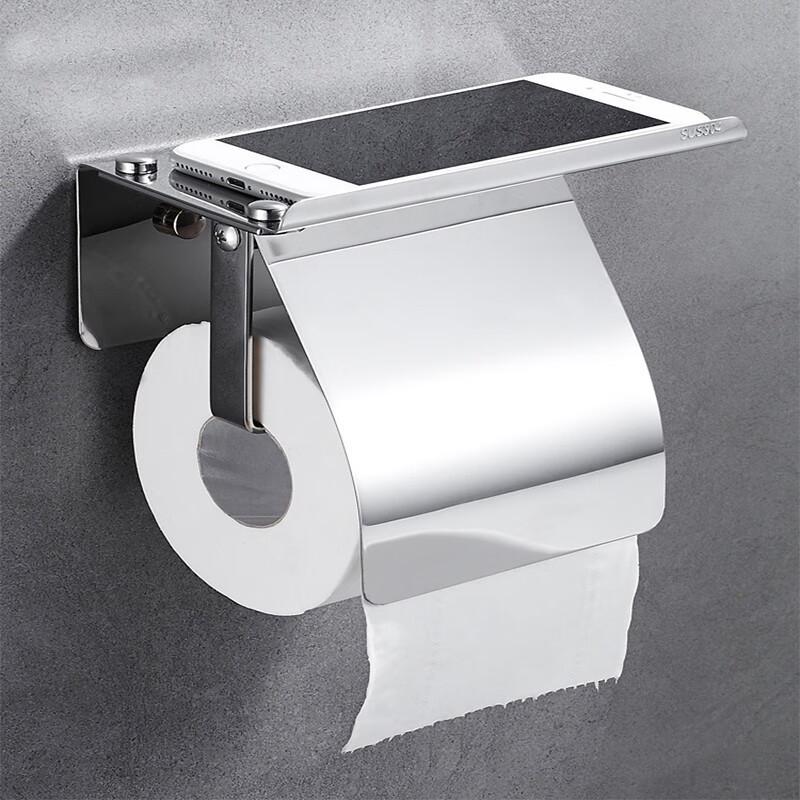 304 Stainless Steel Drill-Free Toilet Paper Holder with Phone Shelf