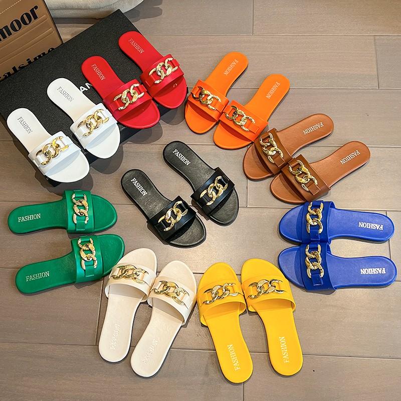 Fashion 2025 New Flat Leopard Women'S Slippers New European American Metal Chain Square Toe Flat Shoes Women'S Sandals Slippers Zapatos