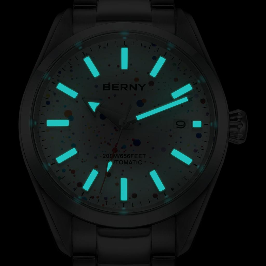 BERNY Automatikuhr für 200M Wasserdicht Superleuchtend Mechanisch Vollständig Edelstahl Analog Saphir Kalender Inklusive Herren, Herrenuhr, Silber, Uhr,