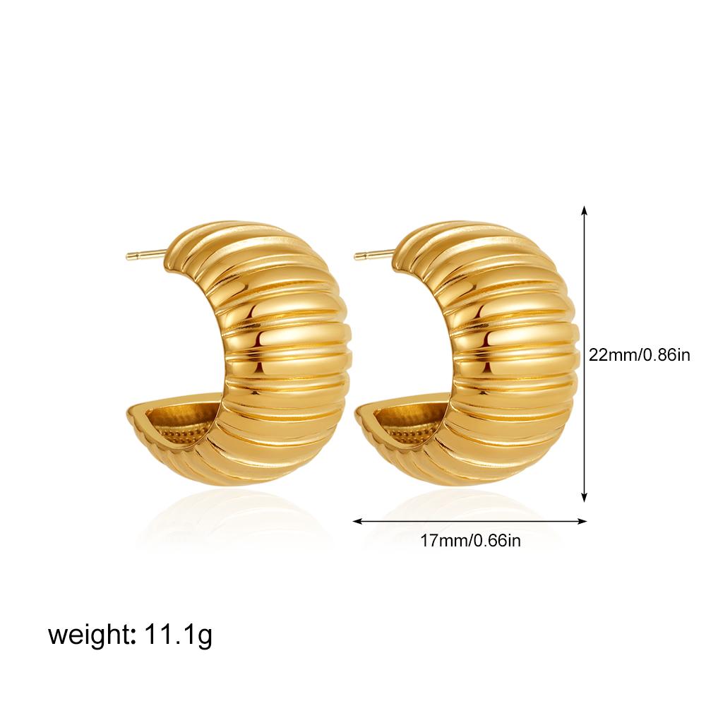 Classics Retro Texture Striped Polished Metal C Shape Huggie Hoop Earrings for Women Stylish Waterproof Stainless Steel Bijoux