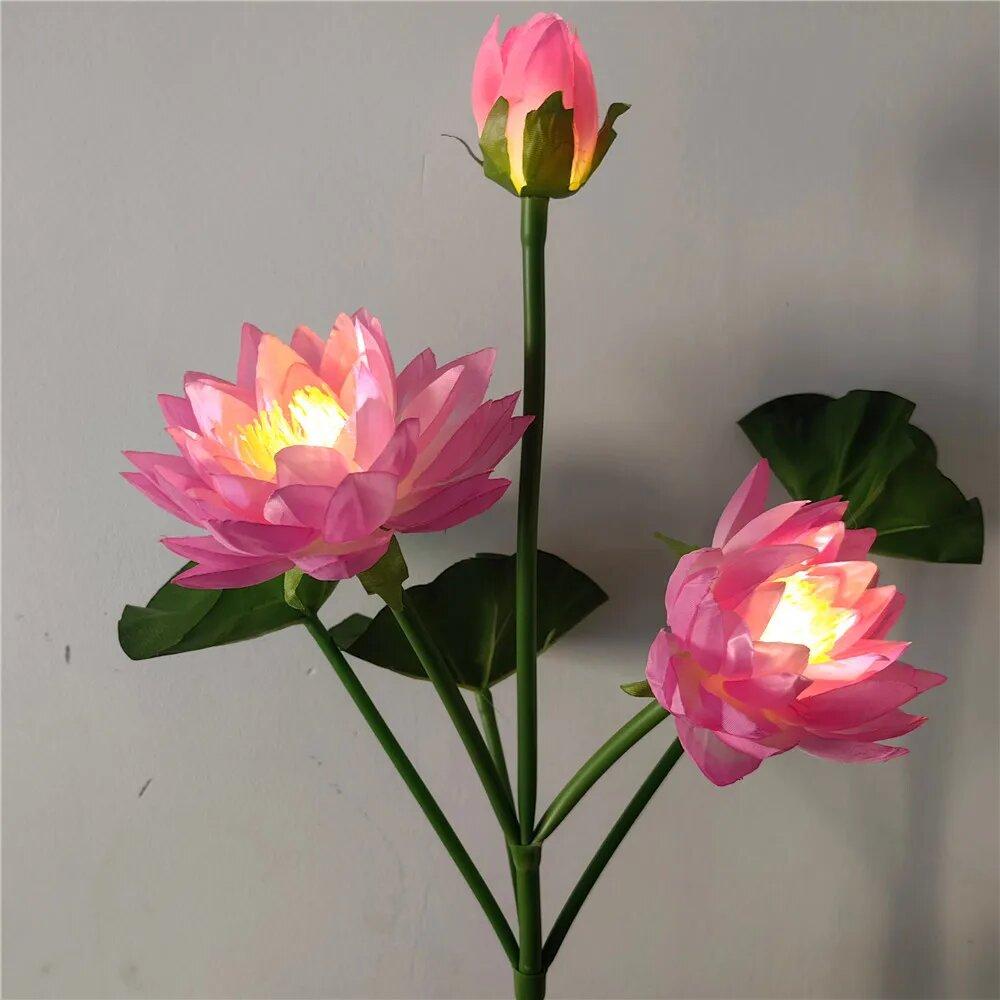 1PC Solar LED 3-Head Lotus Flower Light Outdoor Waterproof Garden Stake Lamp for Yard Lawn Terrace Park Square Landscape Decor