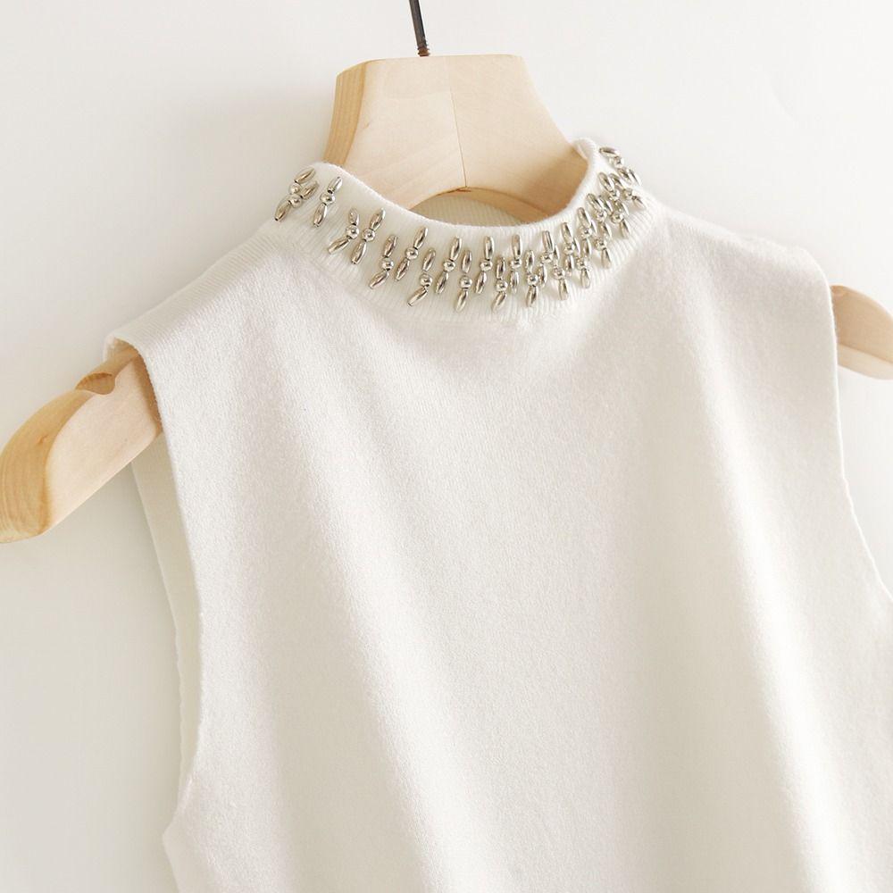 Gilet in Maglia Fatto a Mano Retrò Romantico con Perline ad Scollo Alto Senza Maniche per Donna Primavera/Estate 2026