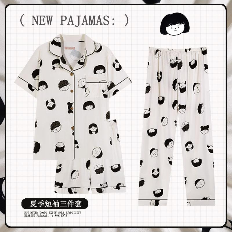 Soft Waxy Rabbit Pajamas Women's Japanese Milk Gentle and Cute Cartoon Girly Casual Short-sleeved Loungewear Three-piece Set