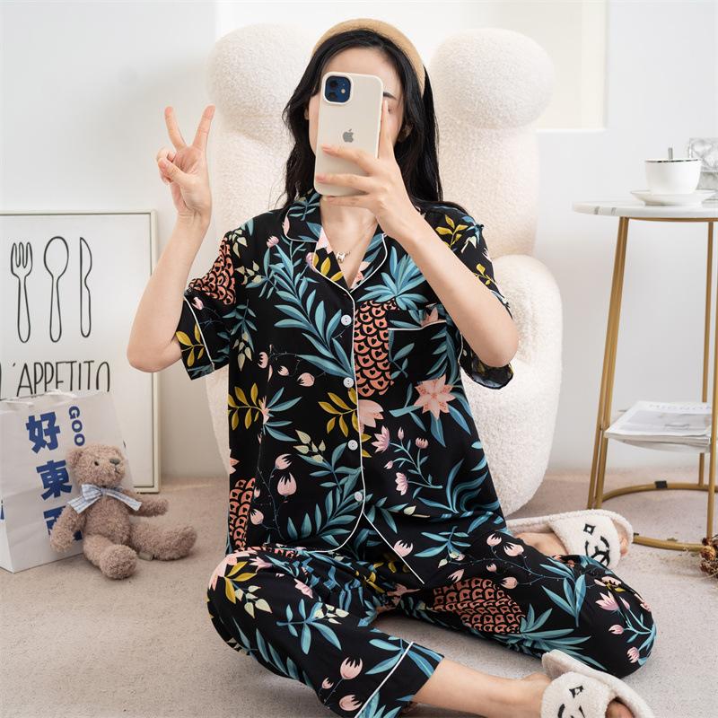 Cotton and silk pajamas women's spring and summer short-sleeved large-size suit spring and autumn thin cartoon printed loungewear