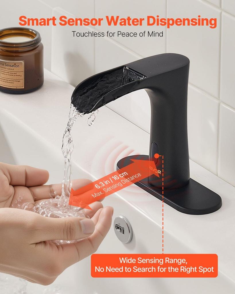 Touchless Bathroom Sink Faucet, Automatic Motion Sensor Waterfall Restroom Toilet Faucet with Hole Cover Plate, Modern Electronic Sensor Hot/Cold
