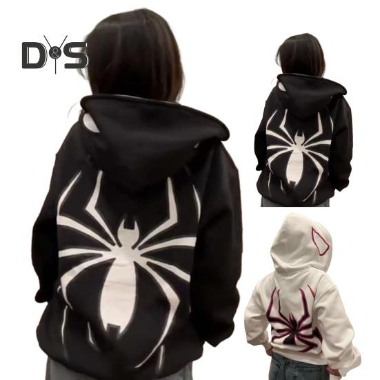 Płaszcz unisex Nadruk pająka Ciemny punkowy styl unisex Halloweenowy kostium Główna ulica Hip Hop Miękki pluszowy, zapinany na zamek, długi rękaw z kapturem, zimowy płaszcz jesienny