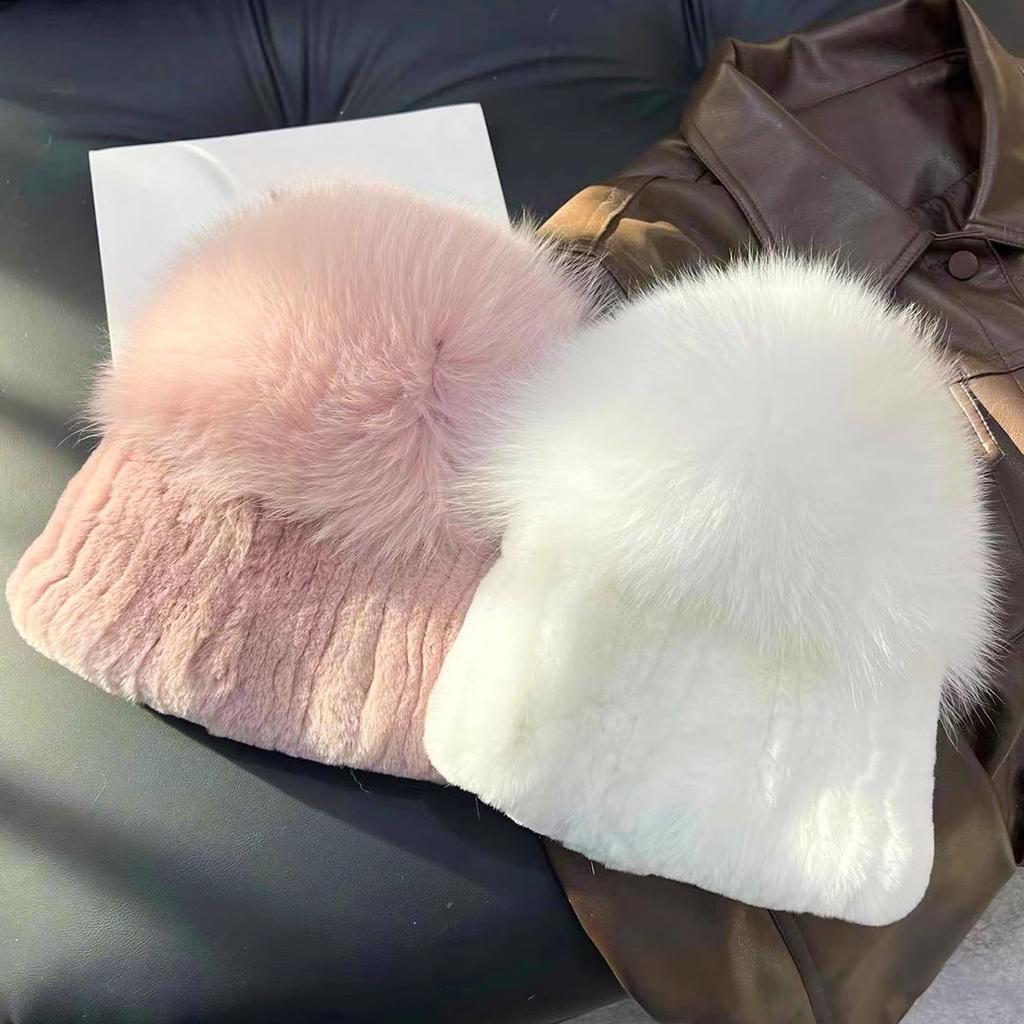 Real Rex Rabbit Hair Fox Hair Hat Thickened Fur Ear Protector Hat Cold-proof and Warm Plush Knitted Hat Baotou Hat Basin Hat