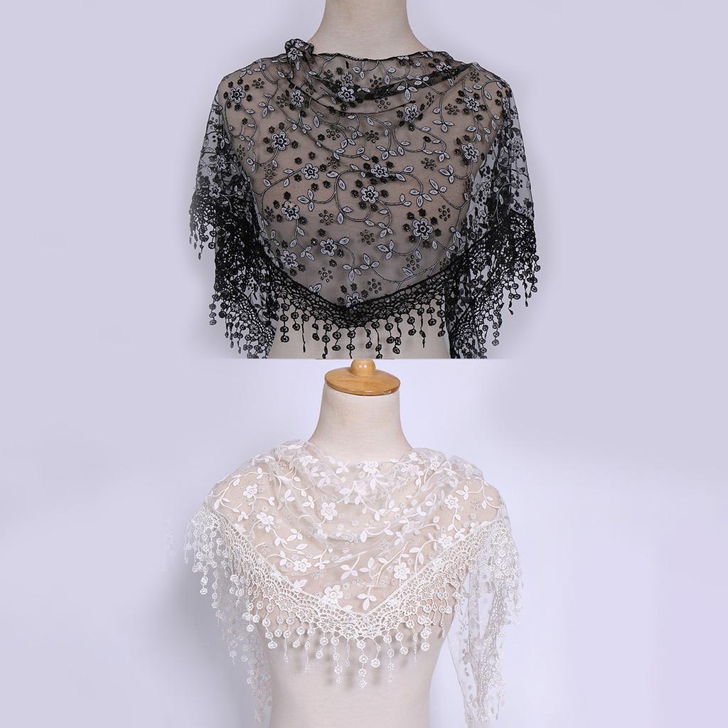 Women Tassel Triangle Scarf For Church Prayer Shawl Embroidered Lace Veil Floral Headcovering Veils For The Church'S  160*50Cm