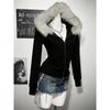Y2K Harajuku Gothic Damen Kapuzenpullover Sexy Schlank Schick Wildleder Pelzkragen Buchstabendruck Strickjacke Sweatshirt Streetwear