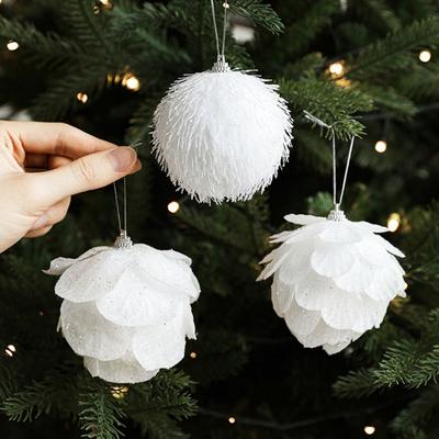 8CM White Foam Christmas Ball Ornament Snowy Holiday Decoration Lightweight Sequin Xmas Tree Hanging Pendant for Home New Year