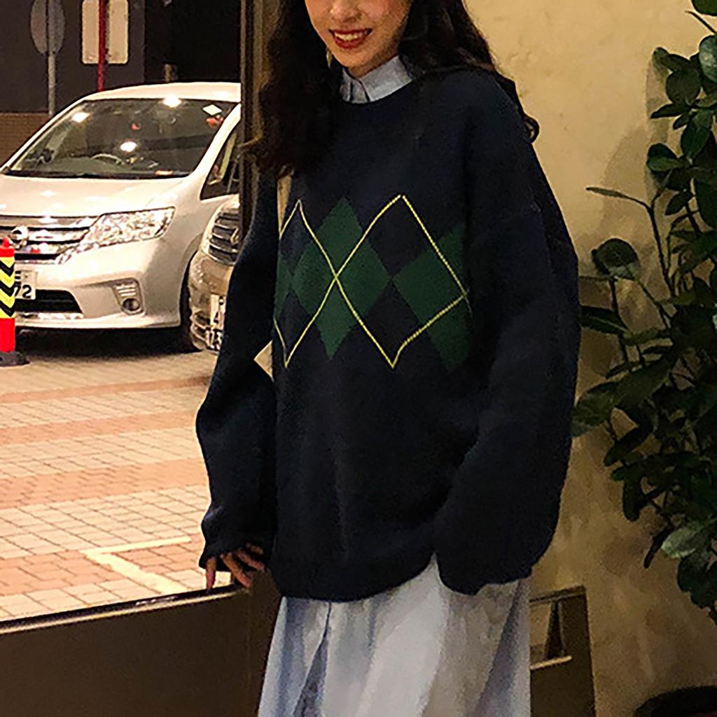 Herbst Winter Innenhof Stil Geometrisches Muster Lose Rundhals Strick Pullover