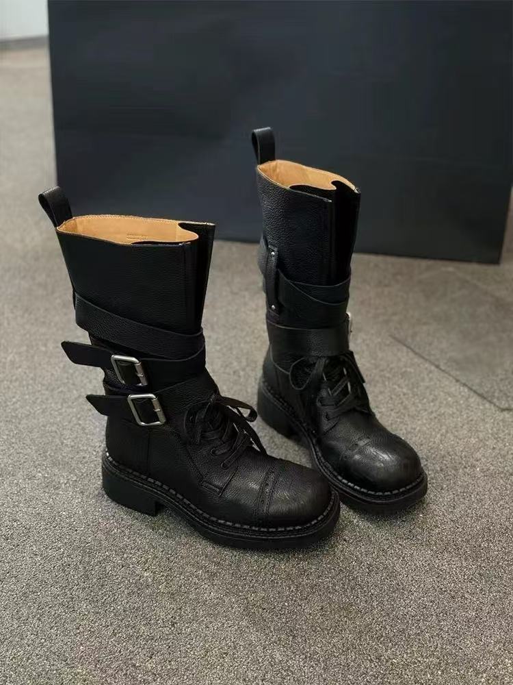 

Cowhide version~ retro British style fashion belt buckle locomotive boots female cool handsome thick heel temperament Martin boots tide 35