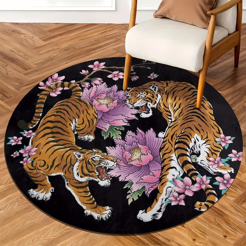 1PcscTiger Print Round Area Rug Indoor Non-Slip Washable Fiber Carpet Soft Comfortable Mat For Bedroom Living Room