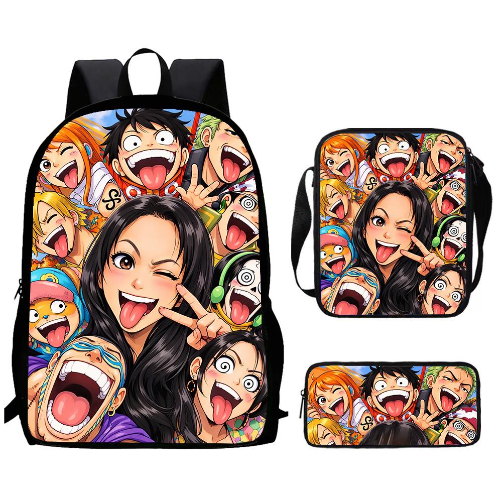 Cartoon One Piece 3pcs Lightweight Durable School Backpack with Crossbody Bag Pencil Case for Boys Girls Age 6-10 Primary School