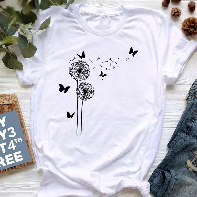 New Summer  Dandelion Butterfly Print Women Tshirt Casual White and Black T-shirt Funny T Shirt Gift for Lady Young Girl Tops