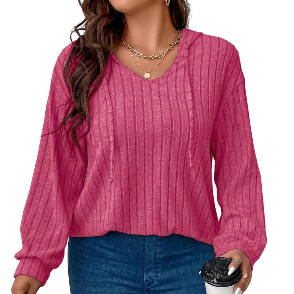 Women's V-Neck Long Sleeve Pullover Hoodie Color Loose Fit Ribbed