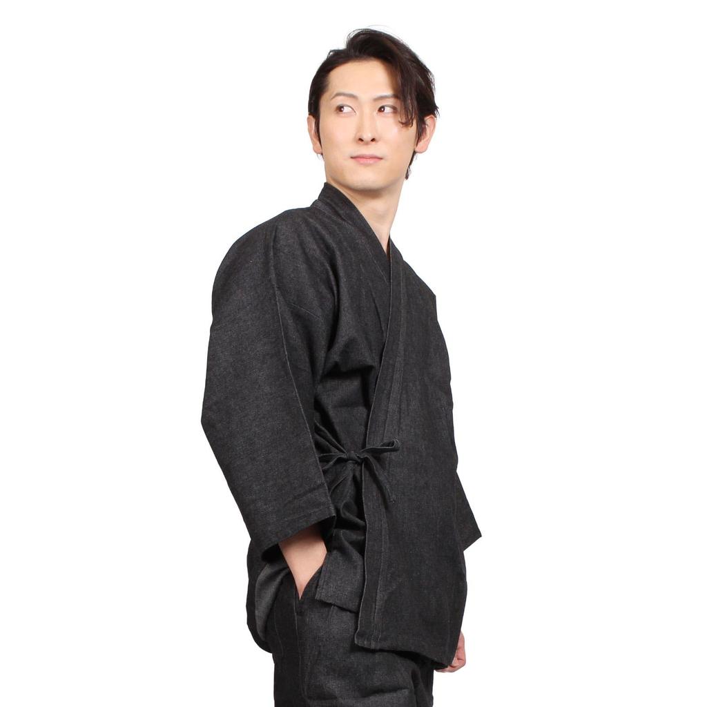 Fuuka Herren Denim Samue, 100% Baumwolle, Loungewear, Arbeitskleidung, Japanischer Moderner Stil, Große Größen (4L/Schwarz)