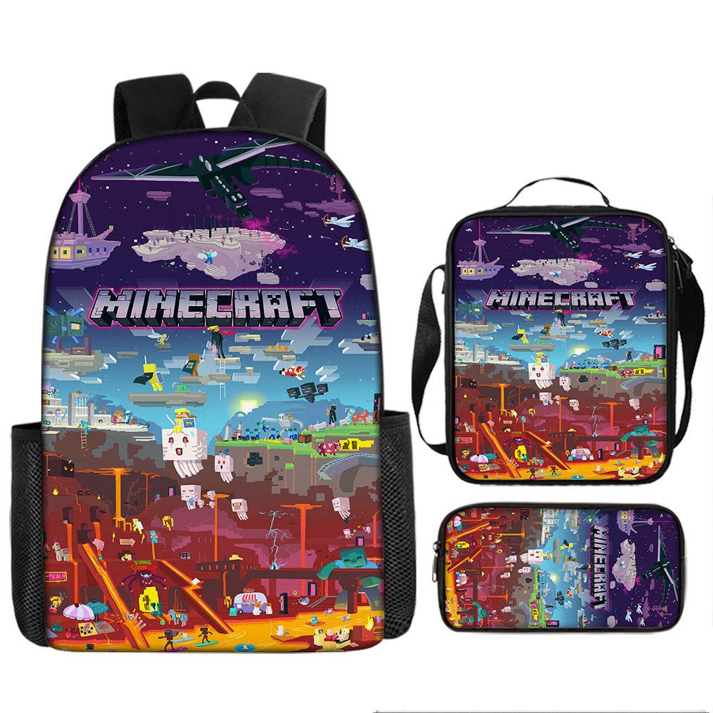 Minecraft Cartoon Print Backpack Set 3-Piece Student School Bag Water-Resistant Large Capacity Unisex