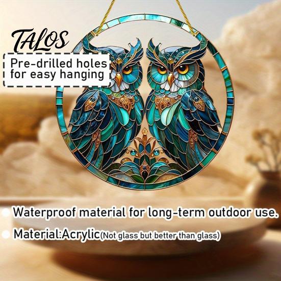 Colorful Animal Art Double Owl Suncatcher Window Hanging Ornament, Stained Glass Style Circular Wall Indoor Outdoor Ornament Decor, Green for