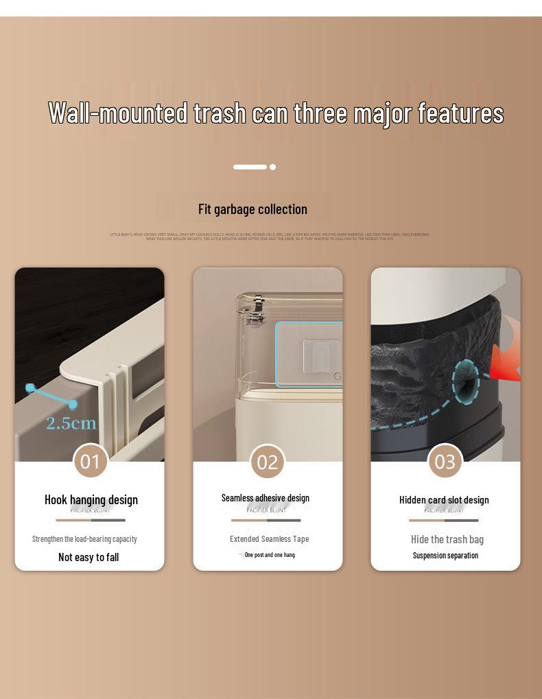 Wall-Mounted Kitchen & Bathroom Trash Bin with Lid and Crevice Design