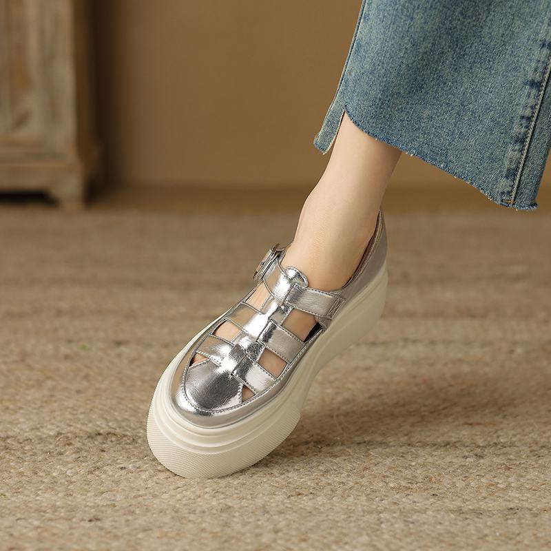 Krazing Pot Baskets en cuir véritable pour femme, chaussures décontractées, printemps, automne, été, plateforme, sangles à boucle, couleur argent