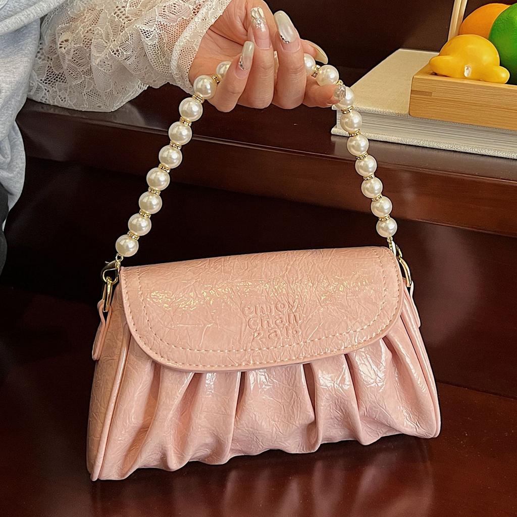 Niche Design Popular Bag Women's 2025 New Fashion Pearl Portable Shoulder Underarm Bag Pleated Chain Messenger Bag