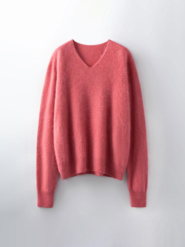 Women's Brushed Wool V-Neck Long-Sleeve Sweater: Autumn/Winter Loose Slimming Knitted Pullover Top