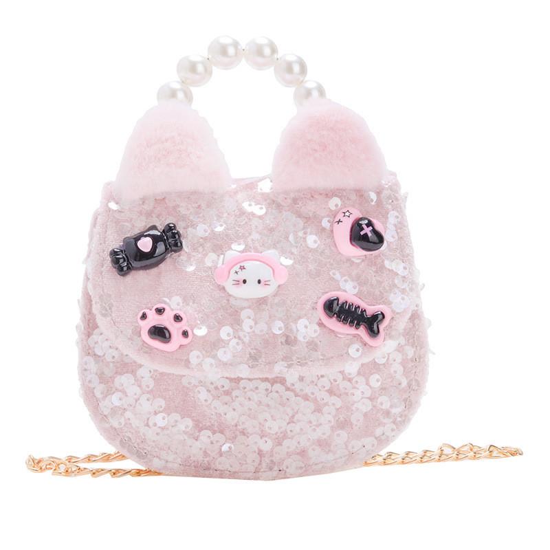 Charming Pink Bow Sequin Girls Shoulder Bag With Pearl Chain For Kids Fashion