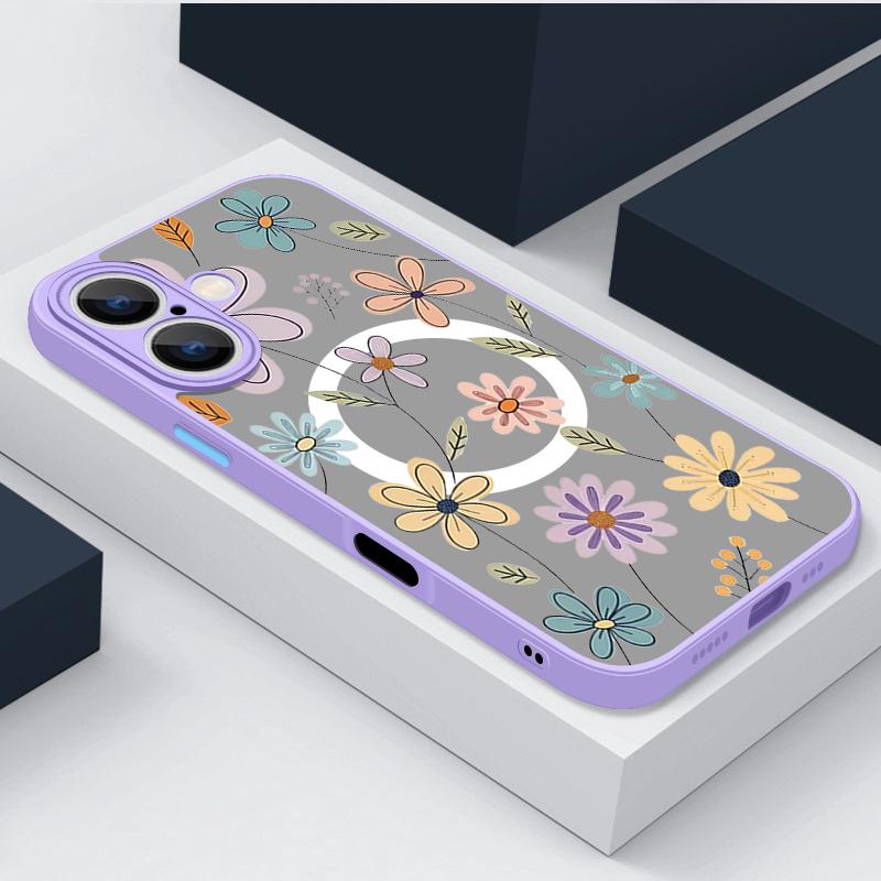 Magnetic Floral Phone Case For iPhone 16 15 14 Pro Max 13 12 Pro 11 For Magsafe Wireless Charge Flowers Soft Edge Acrylic Cover